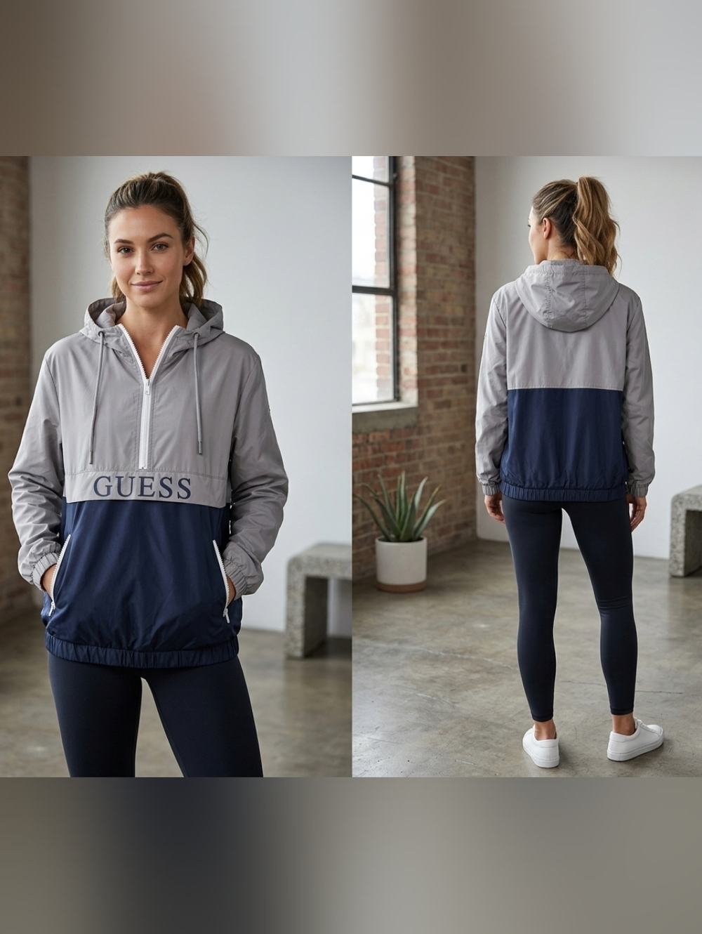 GUESS Color Block Windbreaker Jacket - Gray Navy Hoodie L - Picture 2 of 10